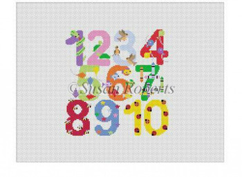 2308 Numbers w/Characters, child's seat 13 Mesh 16" x 12.5" Susan Roberts Needlepoint