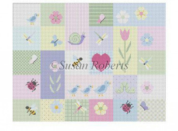 2343 Flower Patches, child seat 13 Mesh 16" x 12.5" Susan Roberts Needlepoint