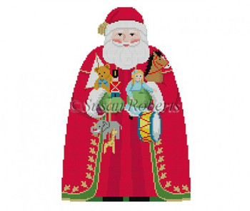 3398f Tree Topper,  Santa w/ Toys, front 18 Mesh  9" High  Susan Roberts Needlepoint
