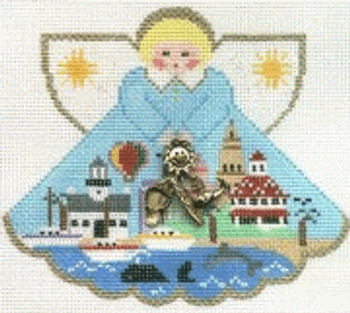 PP994BQ Angel with charms: San Diego (Hotel de Coronado) 5.25x4.5 18 Mesh Painted Pony Designs