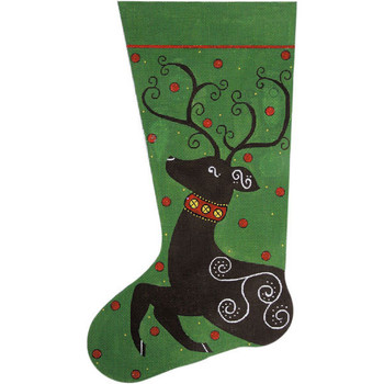 2288 Alice Peterson Designs Reindeer On Green Christmas Stocking  13 Mesh 11 x 20