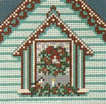 #1748-18 Aqua Window with Wreath Ornament 18 Mesh 4" Square Needle Crossings