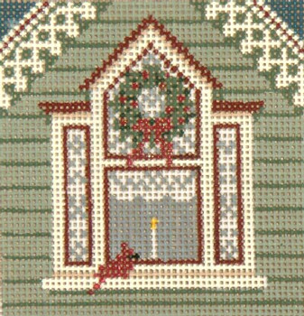 #1746-18 Window with Cardinal Ornament 18 Mesh  --  4" Square Needle Crossings