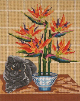 #3112 Dodie Cat with Bird of Paradise 13 Mesh - 8" x 10" Needle Crossings 