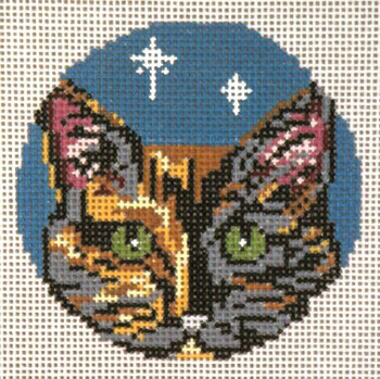 #1738-18 Tortoiseshell Cat-Glimpses Ornament18 Mesh - 3" Round (fit Lee Leather Goods) Needle Crossings 