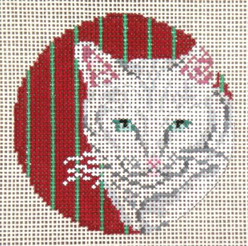#1729 White Cat Ornament - Red & Green Stripes 13 Mesh - 4" Round  Needle Crossings 