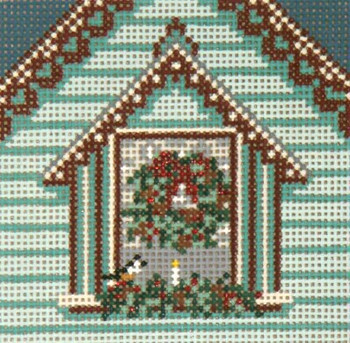 #1748 Aqua Window with Wreath Ornament 13 Mesh 4" Square Needle Crossings