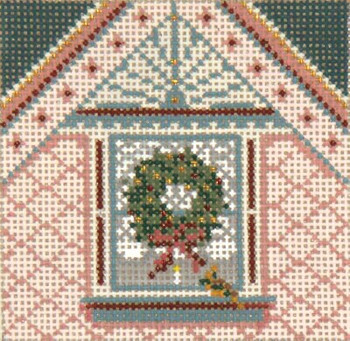 #1749 Pink Window with Wreath Ornament 13 Mesh  4" Square Needle Crossings