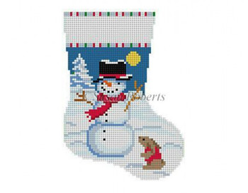 5414 Snowman w/Rabbit, mini stocking #13 Mesh 4 1/2" h Susan Roberts  Needlepoint