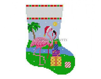 5415 Flamingo w/Presents, mini stocking #13 Mesh 4 1/2" h Susan Roberts  Needlepoint