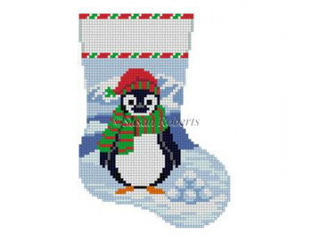 5435 Penguin w/ Snowballs. mini sock 4.25" x 6.25" 13 Mesh Susan Roberts  Needlepoint