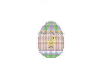 6406 Chick on Stripes, small egg, #18 Mesh1¾” x 2½”  Susan Roberts  Needlepoint