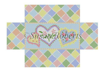 6305 Flowers & Heart Patches, brick cover 8 1/2" x 4 1/2" x 2 3/4" #13 Mesh Susan Roberts  Needlepoint