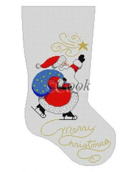 C0103 Skating Santa, stocking #13 Mesh 19" h Susan Roberts Needlepoint