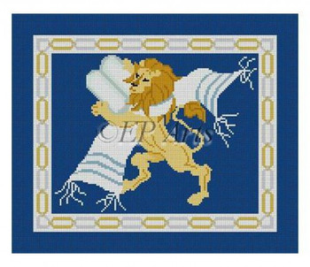 EP0148 Lion With Tablets, navy, tallis #13 Mesh 13" x 11"  Susan Roberts Needlepoint