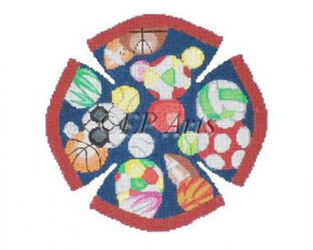 EP1178 Sport Balls, yamulke #18 Mesh 7" round finished Susan Roberts Needlepoint