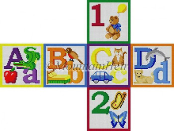 MH5301 Alphabet Block, A B C D 1 2 #18 Mesh 3" cube Susan Roberts Needlepoint 