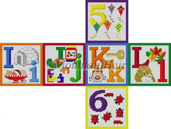 MH5303 Alphabet Block, I J K L 5 6 #18 Mesh 3" cube  Susan Roberts Needlepoint