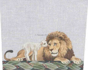 TTST113 Lion & Lamb, stocking topper #18 Mesh Susan Roberts Needlepoint 9" x 7 1/2"