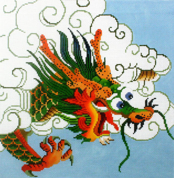 P1266 Lee's Needle Arts Green Dragon on Light Blue Background 13M 2014 12in x 12in