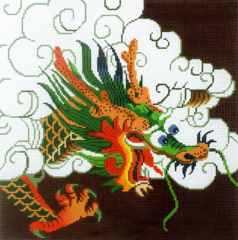 P1267 Lee's Needle Arts Green Dragon on Maroon Background 13M 2014 12in x 12in