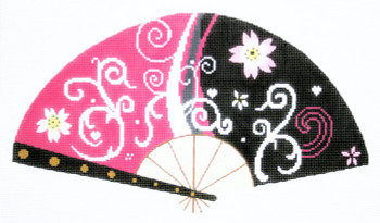 F797SKU Lee's Needle Arts Pink & Black Blossom Fan 18M 10in. x 5.5in.