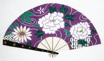F799SKU Lee's Needle Arts White Floral on Purple Fan 18M 10in. x 5.5in.