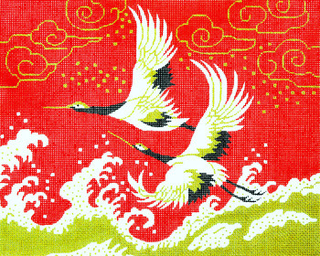 BF23 Lee's Needle Arts Crane On Red Hand-painted canvas - 18 Mesh 10.25in. X 8.25in.