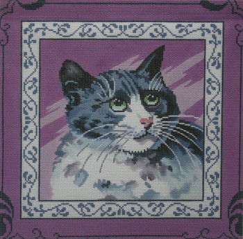P1257 Lee's Needle Arts Cat on purple pillow. Hand-painted canvas - 13 Mesh 2012 12in x 12in