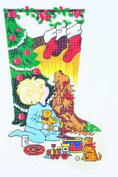 XS7110SKU Lee's Needle Arts Stocking Looking For Santa/Boy Hand-painted canvas - 13 Mesh 13in.x23in.