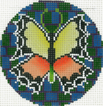BJ182 Lee's Needle Arts Orange and Yellow Butterfly Hand-painted canvas - 18 Mesh 3in. Round