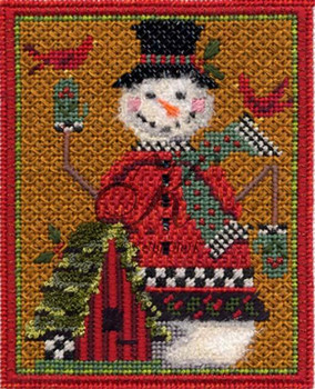 KCN20-18 Snowman & Bird Chalet 3.5"w x 4.5"h 18 Mesh With Stitch Guide KELLY CLARK STUDIO, LLC