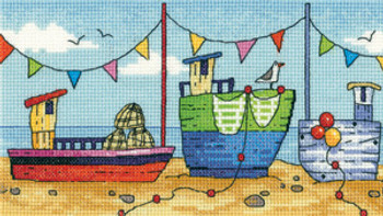 HCK1277 Heritage Crafts Kit Boats - By The Sea by Karen Carter 7.75" x 4.5"; Evenweave; 27ct