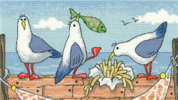 HCK1276 Heritage Crafts Kit Fish N Chips - By The Sea by Karen Carter 7.75" x 4.5"; Evenweave; 27ct 
