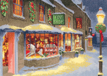 HCK1268 Heritage Crafts Christmas Toy Shop-Scene - The John Clayton Collection 2 1/4" x 8 3/4"; White Evenweave; 27ct 