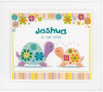 PNV147415 Vervaco Kit Colourful Turtles - Birth Announcement 11.2" x 9.6"; Aida; 14ct 