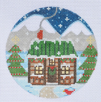 CH-73 Log Cabin Ornament 4” Round 18 Mesh Danji Designs CH Designs