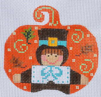 CH-141 Pilgrim Boy Pumpkin With stitch guide 3 ½ x 3 ¼ 18 Mesh Danji Designs CH Designs