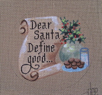 D-145 Dear Santa, Define Good (on brown canvas)  4” round 18 Mesh Designs By Dee