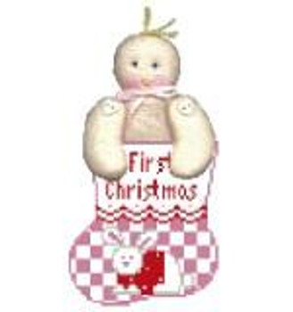 CM372 First Christmas Pink Bunny w/B Kathy Schenkel Designs  3.75 x 4 Mini Sock 18 Mesh