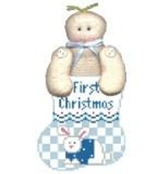 CM371 First Christmas Blue Bunny w/B  Kathy Schenkel Designs  3.75 x 4 Mini Sock 18 Mesh