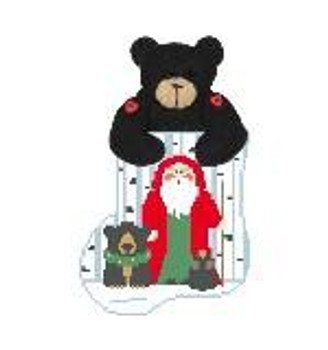 CM388 Woodland Santa w/Black Bear Kathy Schenkel Designs  3.75 x 4 Mini Sock 18 Mesh