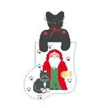 CM391 Santa w/Cat Kathy Schenkel Designs  3.75 x 4 Mini Sock 18 Mesh