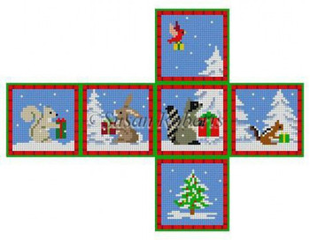 0210-18 Forest Animals w/Presents, cube ornament #18 Mesh 2" cube Susan Roberts Needlepoint  