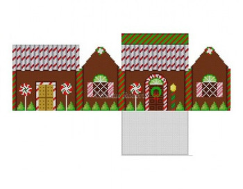 0220-18 Chocolate, Peppermint Sticks, 3D gingerbread house 3 1/4" x 2" x 3" high 18 Mesh Susan Roberts Needlepoint  