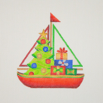 BB 1312 Sailboat / Blue / Christmas Tree & Packages 5" x 4.5" 18 Mesh  Burnett And Bradley