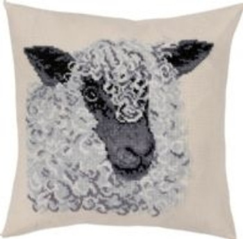836103 Permin Kit Grey Sheep Pillow Includes fabric for back.; 16" x 16"; Ecru Aida ; 8ct 