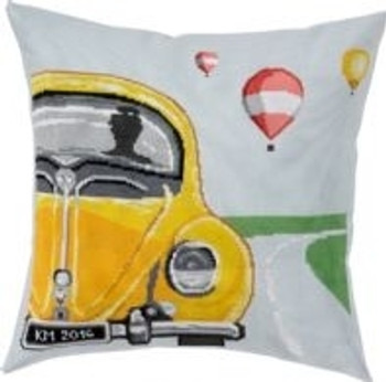 836116 Permin Kit Yellow VW Bug Pillow Includes fabric for back.; 14" x 14"; Blue Aida; 14ct 