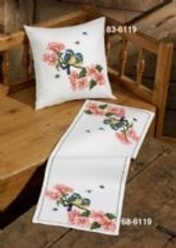 836119 Permin Kit Flowers/Tits Pillow (Upper); Includes fabric for back.; 16" x 16"; White Aida; 14ct 