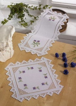 102853 Permin Kit Hardanger w/ Violets 15" x 15"; Hardanger; 22ct